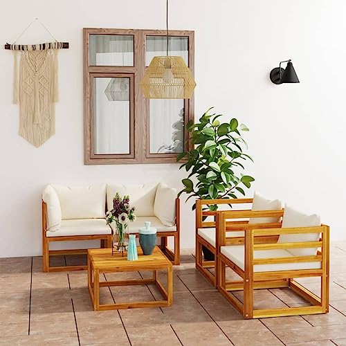 Emmtore Akazienholz Massiv Gartenmöbel mit Auflagen Sofa Lounge Garten Garnitur Sitzgruppe Gartenset Sitzgarnitur Gartensofa Tisch,Creme,2xEckteil+2xSessel+Tisch von Emmtore