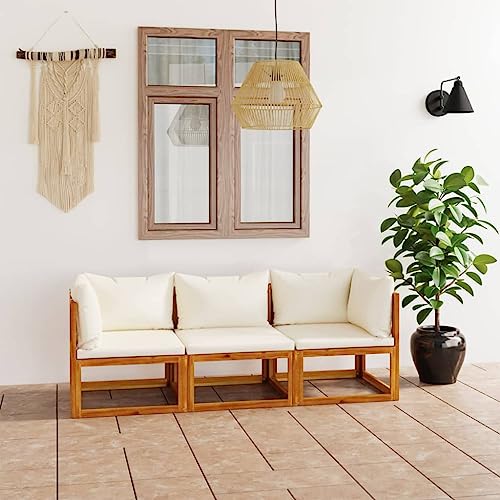 Emmtore Akazienholz Massiv Gartenmöbel mit Auflagen Sofa Lounge Garten Garnitur Sitzgruppe Gartenset Sitzgarnitur Gartensofa Tisch,Creme,2xEckteil+Mittelteil von Emmtore