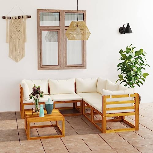 Emmtore Akazienholz Massiv Gartenmöbel mit Auflagen Sofa Lounge Garten Garnitur Sitzgruppe Gartenset Sitzgarnitur Gartensofa Tisch,Creme,2xMittelteil+3xEckteil+Tisch von Emmtore