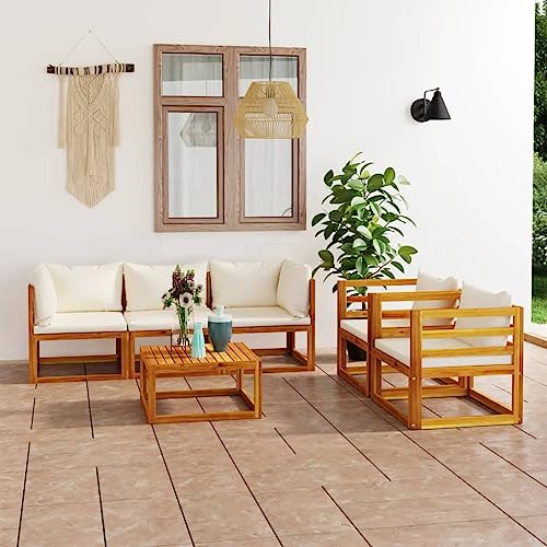 Emmtore Akazienholz Massiv Gartenmöbel mit Auflagen Sofa Lounge Garten Garnitur Sitzgruppe Gartenset Sitzgarnitur Gartensofa Tisch,Creme,4xEckteil+Mittelteil+Tisch von Emmtore