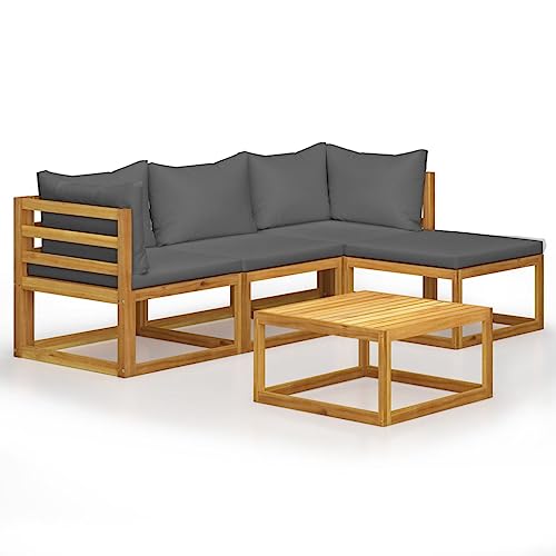 Emmtore Akazienholz Massiv Gartenmöbel mit Auflagen Sofa Lounge Garten Garnitur Sitzgruppe Gartenset Sitzgarnitur Gartensofa Tisch,Dunkelgrau,2xEckteil+Mittelteil+Fußstütze+Tisch von Emmtore