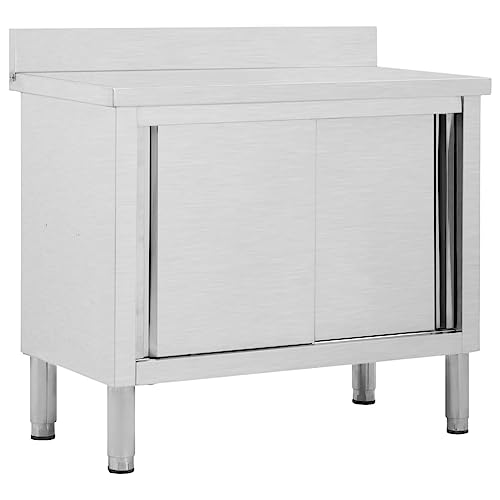 Emmtore Arbeitsschrank mit Schiebetüren Arbeitstisch Arbeitsplatte Edelstahlschrank Gastro Schrank Schiebetürenschrank,100 x 50 x (95-97) cm von Emmtore