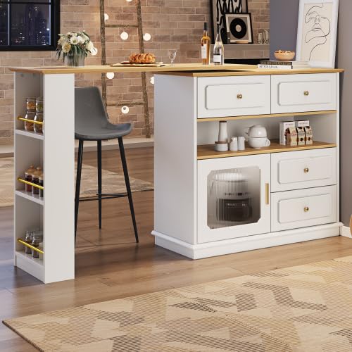 Emmtore Ausziehbarer Bartisch mit Stauraum(125-181×39×104.5cm),360°drehbare Essbar,Moderner Beweglicher Bar Table,Hochtisch Kücheninsel Bistro Table,Sideboardschrank mit Regalen und Glas,weiß von Emmtore