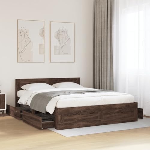 Emmtore Bettgestell, Bett mit Kopfteil, Bettrahmen mit Lattenrost, Doppelbett Schlafzimmerbett mit Stauraum,Holzwerkstoff Braune Eiche,160 x 200 cm von Emmtore