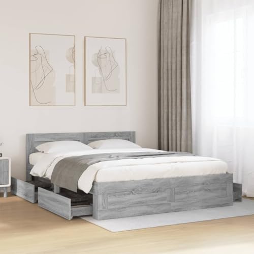 Emmtore Bettgestell, Bett mit Kopfteil, Bettrahmen mit Lattenrost, Doppelbett Schlafzimmerbett mit Stauraum,Holzwerkstoff Grau Sonoma,160 x 200 cm von Emmtore
