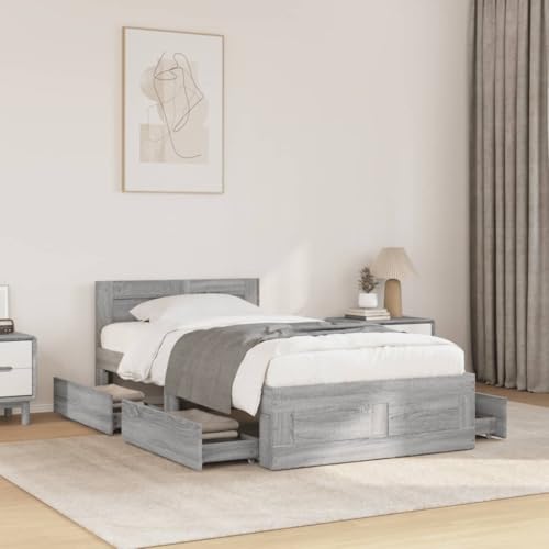 Emmtore Bettgestell, Bett mit Kopfteil, Bettrahmen mit Lattenrost, Doppelbett Schlafzimmerbett mit Stauraum,Holzwerkstoff Grau Sonoma,90 x 190 cm von Emmtore