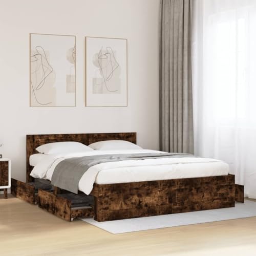 Emmtore Bettgestell, Bett mit Kopfteil, Bettrahmen mit Lattenrost, Doppelbett Schlafzimmerbett mit Stauraum,Holzwerkstoff Räuchereiche,160 x 200 cm von Emmtore