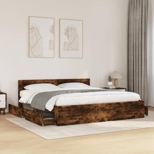 Emmtore Bettgestell, Bett mit Kopfteil, Bettrahmen mit Lattenrost, Doppelbett Schlafzimmerbett mit Stauraum,Holzwerkstoff Räuchereiche,180 x 200 cm Emmtore Bettgestell, Bett mit Kopfteil, Bettrahmen mit Lattenrost, Doppelbett Schlafzimmerbett mit Stauraum,Holzwerkstoff Räuchereiche,180 x 200 cm von Emmtore