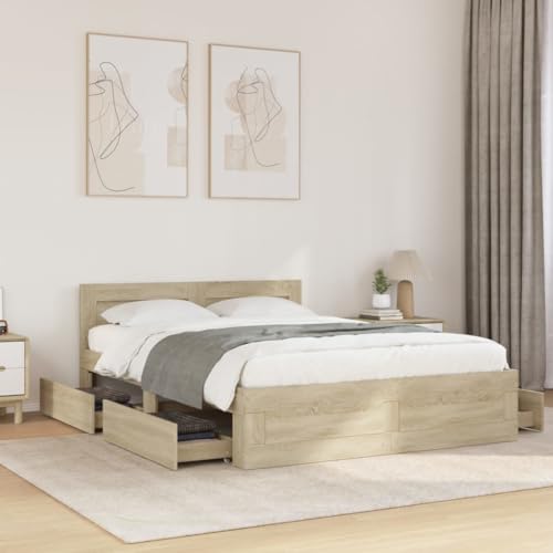 Emmtore Bettgestell, Bett mit Kopfteil, Bettrahmen mit Lattenrost, Doppelbett Schlafzimmerbett mit Stauraum,Holzwerkstoff Sonoma Eiche,140 x 200 cm Emmtore Bettgestell, Bett mit Kopfteil, Bettrahmen mit Lattenrost, Doppelbett Schlafzimmerbett mit Stauraum,Holzwerkstoff Sonoma Eiche,140 x 200 cm von Emmtore