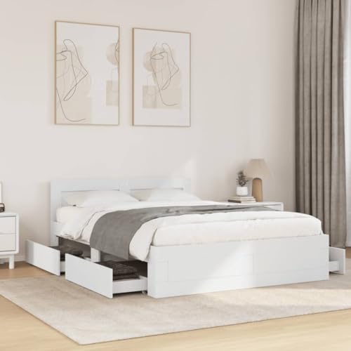 Emmtore Bettgestell, Bett mit Kopfteil, Bettrahmen mit Lattenrost, Doppelbett Schlafzimmerbett mit Stauraum,Holzwerkstoff Weiß,140 x 200 cm Emmtore Bettgestell, Bett mit Kopfteil, Bettrahmen mit Lattenrost, Doppelbett Schlafzimmerbett mit Stauraum,Holzwerkstoff Weiß,140 x 200 cm von Emmtore