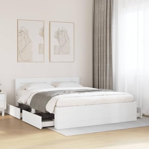 Emmtore Bettgestell, Bett mit Kopfteil, Bettrahmen mit Lattenrost, Doppelbett Schlafzimmerbett mit Stauraum,Holzwerkstoff Weiß,160 x 200 cm von Emmtore