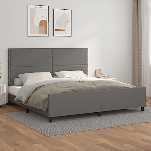 Emmtore Bettgestell mit Kopfteil Kunstlederbett Einzelbett Polsterbett Bett Bettrahmen Schlafzimmermöbel Schlafzimmerbett Kunstleder Grau,Flach mit Nägeln,200 x 200 cm von Emmtore
