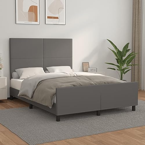 Emmtore Bettgestell mit Kopfteil Kunstlederbett Einzelbett Polsterbett Bett Bettrahmen Schlafzimmermöbel Schlafzimmerbett Kunstleder Grau,Schlichtes Design,140 x 200 cm von Emmtore