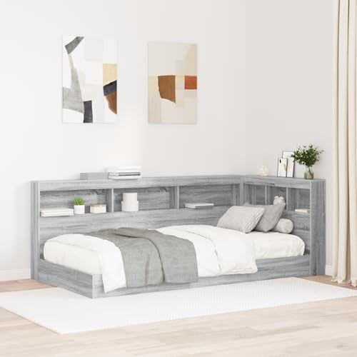 Emmtore Bücherregal Bett aus stranggepresstem Holz,Massivholzbett, Bett mit Bücherregal,Bettgestell mit Lattenrost, Holzbett Graues Sonoma,75 x 190 cm von Emmtore
