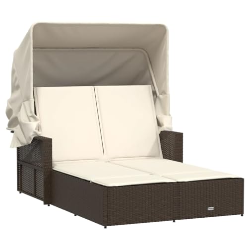 Emmtore Doppel Sonnenliege, Sonnenbett mit ausziehbarem Sonnendach, Doppelliege mit Verstellbarer Rückenlehne, Gartenmöbel Gartenliege,Poly Rattan,Braun von Emmtore