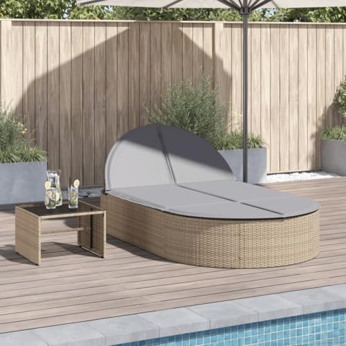 Emmtore Doppel-Sonnenliege mit Auflagen Beige Poly Rattan Gartenliege Verstellbare Rückenlehne, Relaxliege Liege Gartenmöbel Grauer Liner von Emmtore