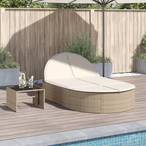 Emmtore Doppel-Sonnenliege mit Auflagen Beige Poly Rattan Gartenliege Verstellbare Rückenlehne, Relaxliege Liege Gartenmöbel von Emmtore