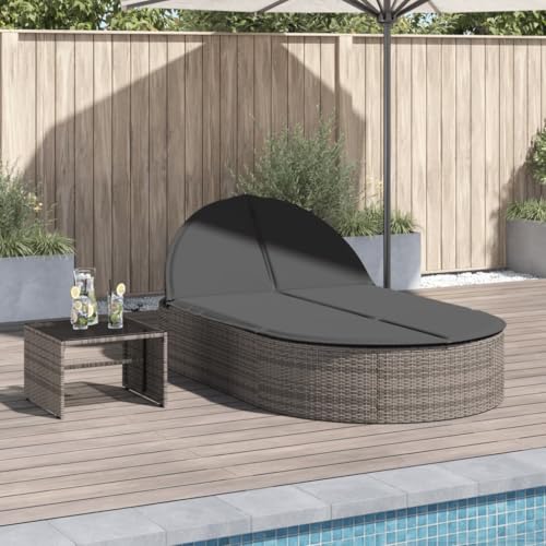 Emmtore Doppel-Sonnenliege mit Kissen Grau Poly Rattan Gartenliege Verstellbare Rückenlehne, Relaxliege Liege Gartenmöbel von Emmtore