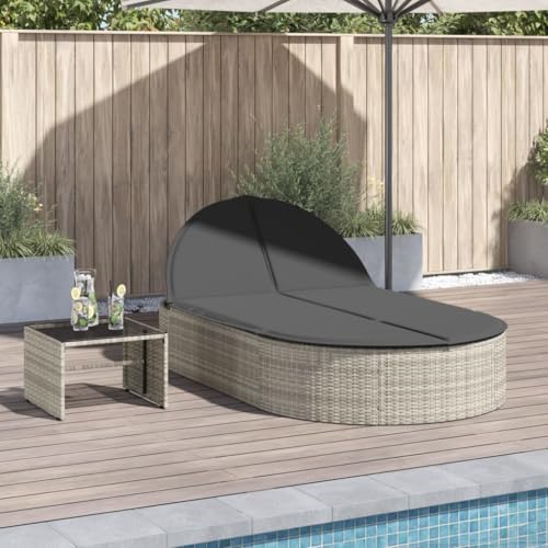 Emmtore Doppel-Sonnenliege mit Kissen Hellgrau Poly Rattan Gartenliege Verstellbare Rückenlehne, Relaxliege Liege Gartenmöbel von Emmtore