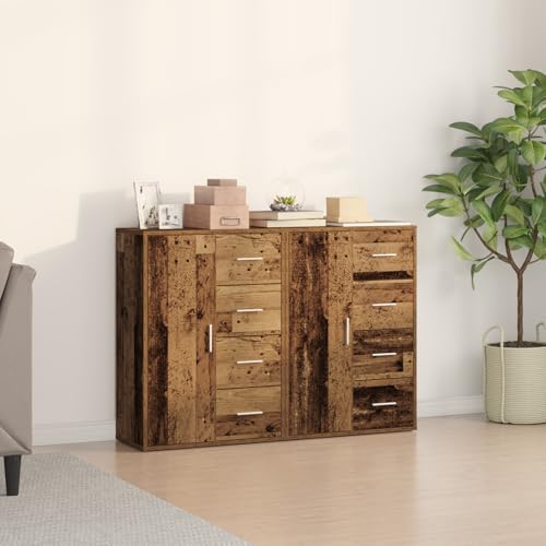 Emmtore Elegantes Eichenbuffet-Set Premium Holzlager Möbel für Esszimmer und Wohnzimmer,Stylische Anrichte mit 2 Türen und 6 Schubladen Mattfinish Altholz von Emmtore