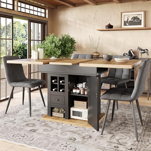 Emmtore Esstisch Teleskoptisch(110-140×80cm),klappbarer Küchentisch für 4-6 Personen,Ausziehbarer Esstisch mit Weinregal und Schubladen von Emmtore