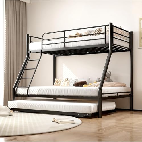 Emmtore Etagenbett mit Ausziehbett, Bunk Bed für Jugendliche Erwachsene, Metallbett mit Anti Fall Geländer Rutschfester Leiter 138×200cm/98×200cm, Schwarz (Bed) von Emmtore
