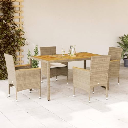 Emmtore Garten Essgruppe 5-TLG., Gartenmöbel Set mit Kissen, Gartengarnitur Tisch 4 Stühle, Lounge Sitzgruppe Sitzgarnitur, Poly Rattan Akazie,Beige,150 x 90 x 75 cm von Emmtore