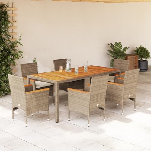 Emmtore Garten Essgruppe 5-TLG., Gartenmöbel Set mit Kissen, Gartengarnitur Tisch 4 Stühle, Lounge Sitzgruppe Sitzgarnitur, Poly Rattan Akazie,Beige,190 x 90 x 75 cm von Emmtore