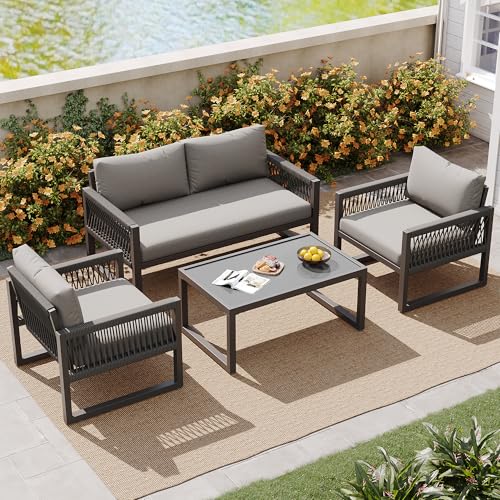 Emmtore Garten-Lounge-Set mit verzinktem Eisenrahmen, Gartenmöbel-Set aus Seil, Lounge-Set aus khakifarbenem Seil mit Sitzkissen, verstellbaren Füßen, glatter Glasplatte, 4er-Set (Grau) von Emmtore