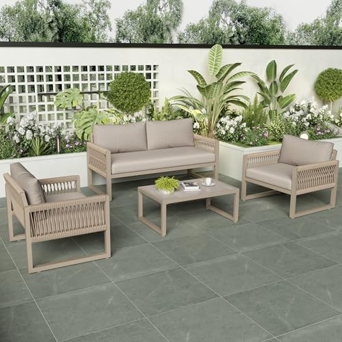 Emmtore Garten-Lounge-Set mit verzinktem Eisenrahmen, Gartenmöbel-Set aus Seil, Lounge-Set aus khakifarbenem Seil mit Sitzkissen, verstellbaren Füßen, glatter Glasplatte, 4er-Set (Khaki) von Emmtore