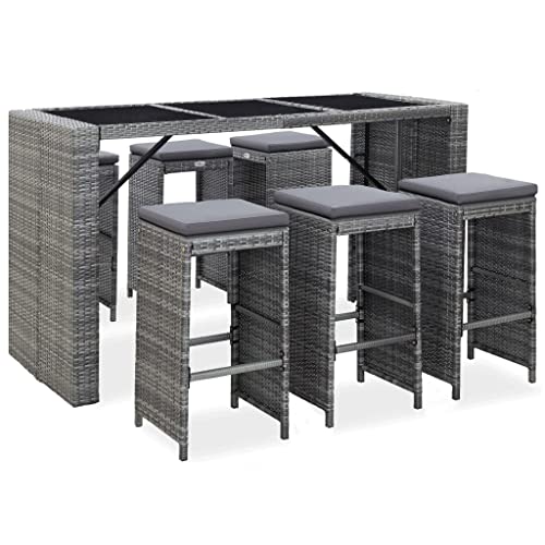 Emmtore Gartenbar Set 7-TLG. mit Auflagen Theke Bar Tresen Gartentheke Bartisch Stehtisch Barhocker Barstuhl Gartenmöbel Poly,Grau von Emmtore