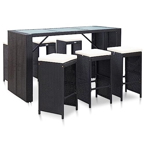 Emmtore Gartenbar Set 7-TLG. mit Auflagen Theke Bar Tresen Gartentheke Bartisch Stehtisch Barhocker Barstuhl Gartenmöbel Poly,Schwarz von Emmtore