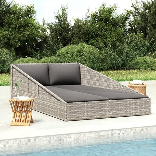 Emmtore Gartenbett Sonnenliege Doppelliege Gartenliege Relaxliege Liege Gartenmöbel Rattanmöbel Grau 110x200 cm Poly Rattan von Emmtore