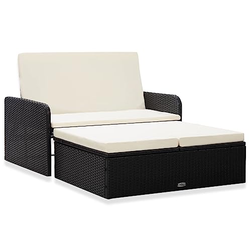 Emmtore Gartenmöbel 2-TLG. Lounge Garten Sofa Fußhocker Hocker Sitzgruppe Gartenset Gartensofa Garnitur Garten-Lounge-Set mit Auflagen Poly Rattan Schwarz von Emmtore