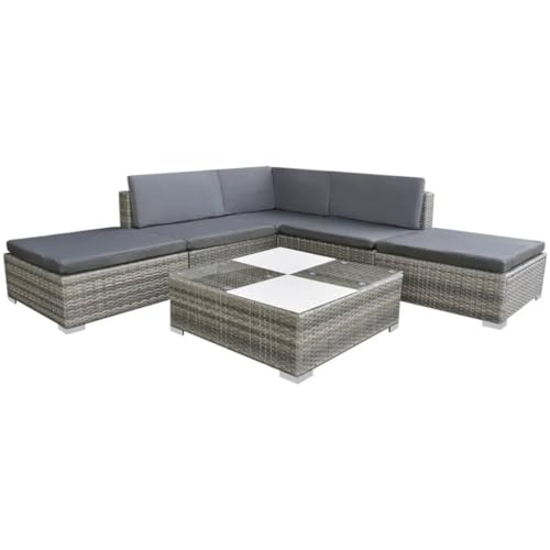 Emmtore Gartenmöbel 6-TLG. Sitzgruppe Lounge Gartenset Ecksofa Garten-Lounge-Set mit Auflagen Poly Rattan Grau von Emmtore