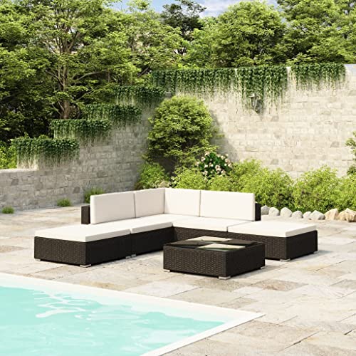 Emmtore Gartenmöbel 6-TLG. Sitzgruppe Lounge Gartenset Ecksofa Garten-Lounge-Set mit Auflagen Poly Rattan Schwarz von Emmtore