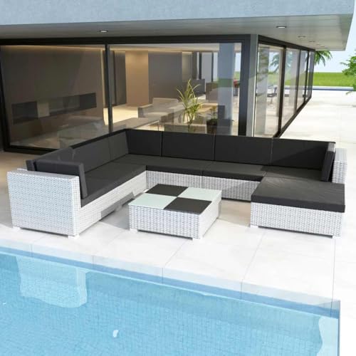 Emmtore Gartenmöbel 8-TLG. Sitzgruppe Lounge Sitzgarnitur Sofa Garten-Lounge-Set mit Auflagen Poly Rattan Weiß von Emmtore
