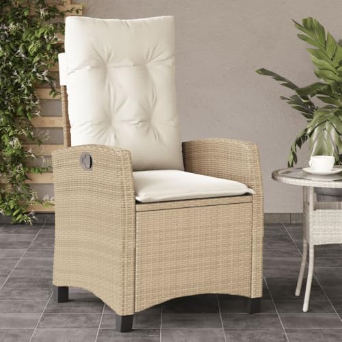 Emmtore Gartensessel mit Kissen,Gartenstuhl mit Verstellbarer Rückenlehne,Liegestuhl mit Stahlrahmen, Sessel Stuhl Relaxsessel,Poly Rattan,Beige,Ohne Fußablage von Emmtore