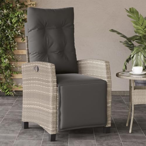 Emmtore Gartensessel mit Kissen,Gartenstuhl mit Verstellbarer Rückenlehne,Liegestuhl mit Stahlrahmen, Sessel Stuhl Relaxsessel,Poly Rattan,Hellgrau,Mit Fußablage von Emmtore