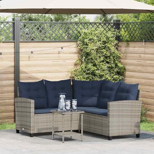 Emmtore Gartensofa in L-Form mit Tisch und Kissen Grau Poly Rattan von Emmtore