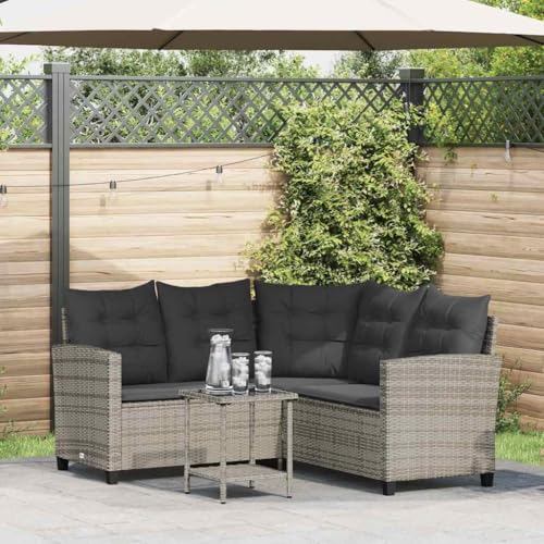 Emmtore Gartensofa in L-Form mit Tisch und Kissen Grau Poly Rattan von Emmtore