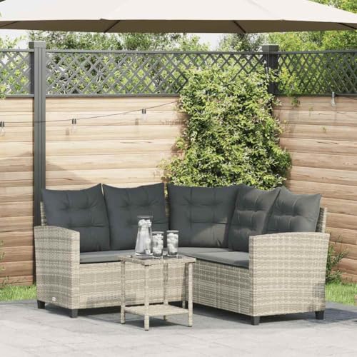 Emmtore Gartensofa in L-Form mit Tisch und Kissen Hellgrau Poly Rattan von Emmtore