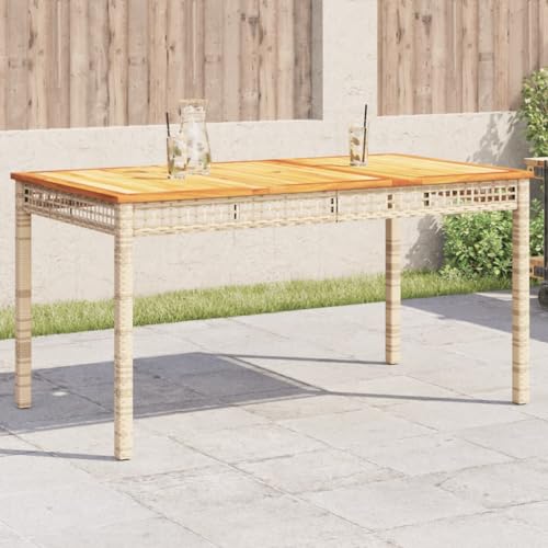Emmtore Gartentisch Beige 140x80x75 cm Beistelltisch für Garten Terrasse, Couchtisch mit Holzplatte, Balkontisch Kaffeetisch Gartenmöbel, Poly Rattan Akazienholz von Emmtore
