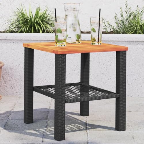 Emmtore Gartentisch Schwarz 40x40x42 cm Beistelltisch für Garten Terrasse, Couchtisch mit Holzplatte, Balkontisch Kaffeetisch Gartenmöbel, Poly Rattan Akazienholz von Emmtore