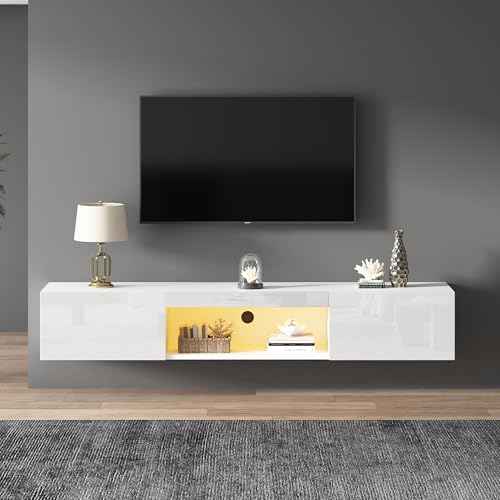Emmtore Hochglanz-Hängeschrank für 70-Zoll-TV, 30kg Tragfähigkeit, mit LED-Beleuchtung, Bluetooth-APP-Steuerung,Wandmontierter TV-Ständer 160 * 31 * 22cm weißer von Emmtore