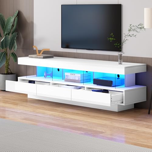 Emmtore Hochglanz-TV-Schrank mit 3 Glasfächern, LED-Beleuchtung, App-Steuerung, Bluetooth-verbunden, für 70-Zoll-TV,Hochglanz mit Glas-TV-Ständer,Smart TV-Schrank 160 * 38 * 50.5cm weißer Emmtore Hochglanz-TV-Schrank mit 3 Glasfächern, LED-Beleuchtung, App-Steuerung, Bluetooth-verbunden, für 70-Zoll-TV,Hochglanz mit Glas-TV-Ständer,Smart TV-Schrank 160 * 38 * 50.5cm weißer von Emmtore
