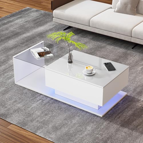 Emmtore Hochglanz-weißer Couchtisch 100x50x32 cm - mit Glasplatte und Schubladen, Kratzfest, mit 1 Schublade, mit LED-Beleuchtung, moderner Stil von Emmtore