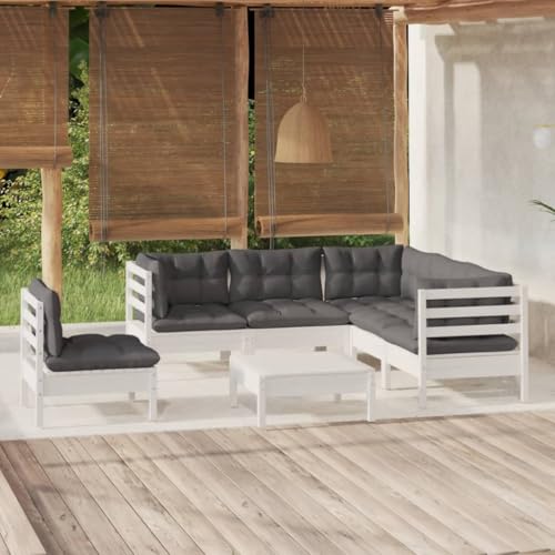Emmtore Kiefernholz Gartenmöbel 6-TLG. mit Kissen Weiß Ecksofa Mittelsofa Fußhocker Tisch Sitzgruppe Sofa Lounge Garten Garnitur Gartensofa Gartenset,Weiß von Emmtore