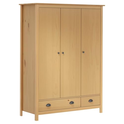 Emmtore Kiefernholz Massiv Kleiderschrank mit 3 Türen 2 Schubladen Garderobenschrank Holzschrank Schrank Schlafzimmerschrank 127x50x170cm,Braun von Emmtore
