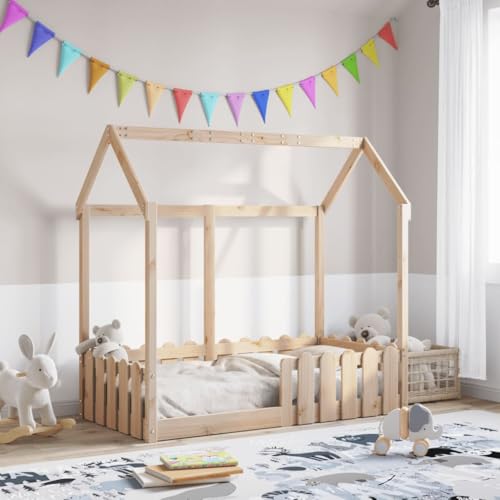 Emmtore Kinderbett, Bodenbett mit Rausfallschutz Lattenrost, Hausbett für Jungen Mädchen, Holzbett Bett Kinderzimmer,Natur,70 x 140 cm von Emmtore